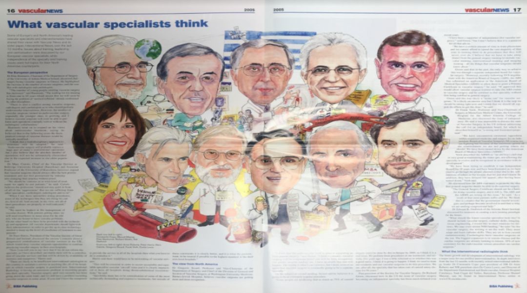 El profesor Manuel Maynar aparece ilustrado en un artículo publicado por la revista americana en 2005, junto a algunos de los líderes de la especialidad vascular en ese momento. 